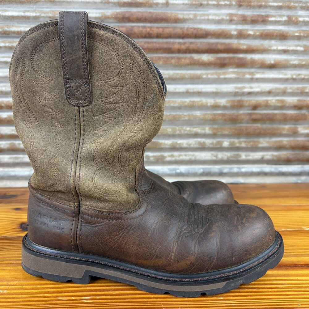 Men's Ariat Steel Toe Leather Cowboy Work Boots ASTM F2413-17 Brown Size 9D